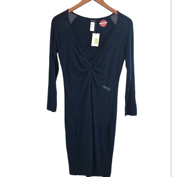 NEW Miss Sixty Twist Front Jersey Knit Dress Size Medium Navy Blue Long Sleeves - Picture 1 of 7
